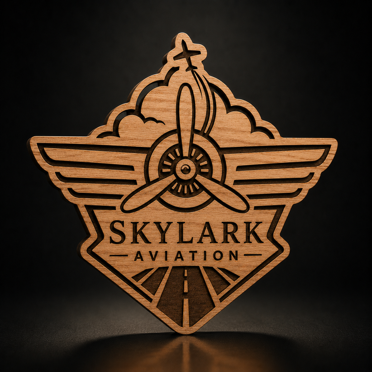 A wooden sign featuring a laser-engraved aviation logo with a propeller, wings, clouds, and the text 'SKYLARK AVIATION' on a dark background.