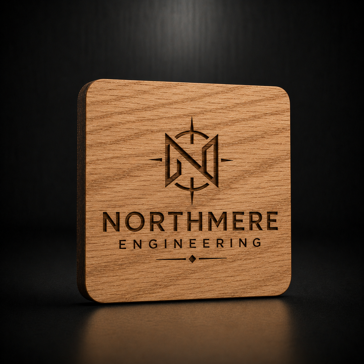 A square wooden plaque with rounded corners, featuring the engraved text 'NORTHMERE ENGINEERING' and a stylized 'NM' logo, shown on a dark reflective surface.