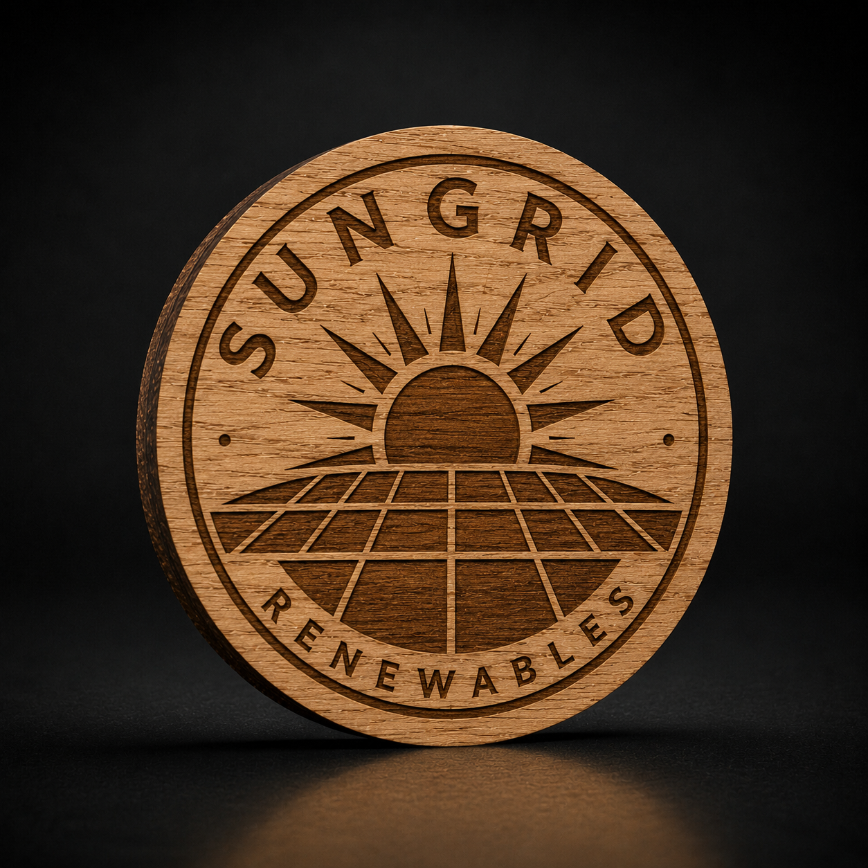 A round wooden coaster or plaque featuring a laser-engraved logo of a rising sun over a solar panel array, with the text 'SUNGRID RENEWABLES' in dark brown against a warm natural wood grain background.