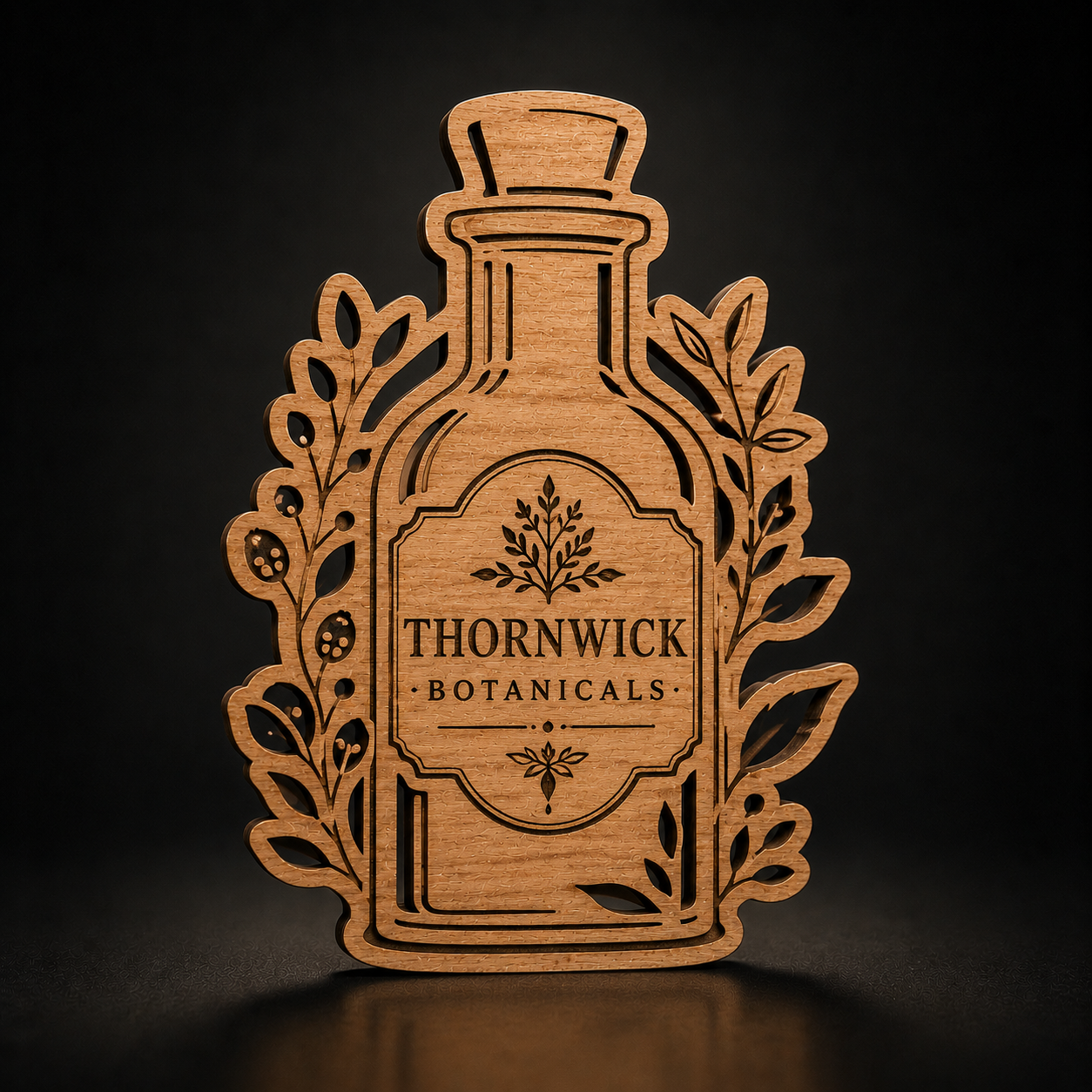 A laser-cut wooden sign shaped like a botanical bottle with the words 'THORNWICK BOTANICALS' engraved in the center, shown against a dark background.
