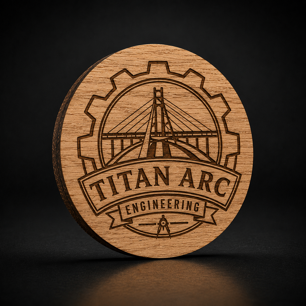 A round wooden coaster featuring a laser-engraved design of a suspension bridge inside a gear, with the text 'TITAN ARC ENGINEERING' in the center, set against a dark background.