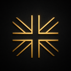 A minimalist gold geometric Union Jack flag design centered on a solid black background.
