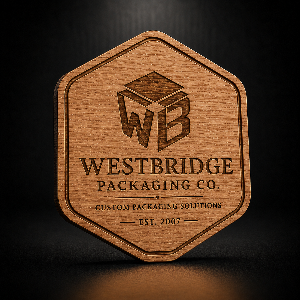 A hexagonal wooden plaque engraved with the Westbridge Packaging Co. logo and text, displayed on a dark reflective surface.