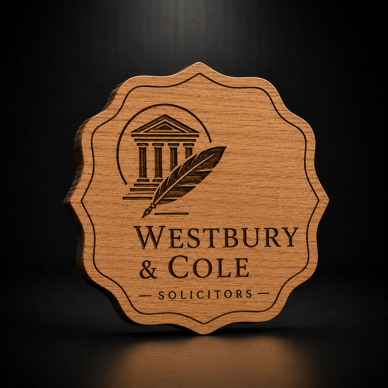 A scalloped wooden plaque or coaster featuring the engraved text 'WESTBURY & COLE SOLICITORS' with a classical building and feather quill logo, shown on a dark background.