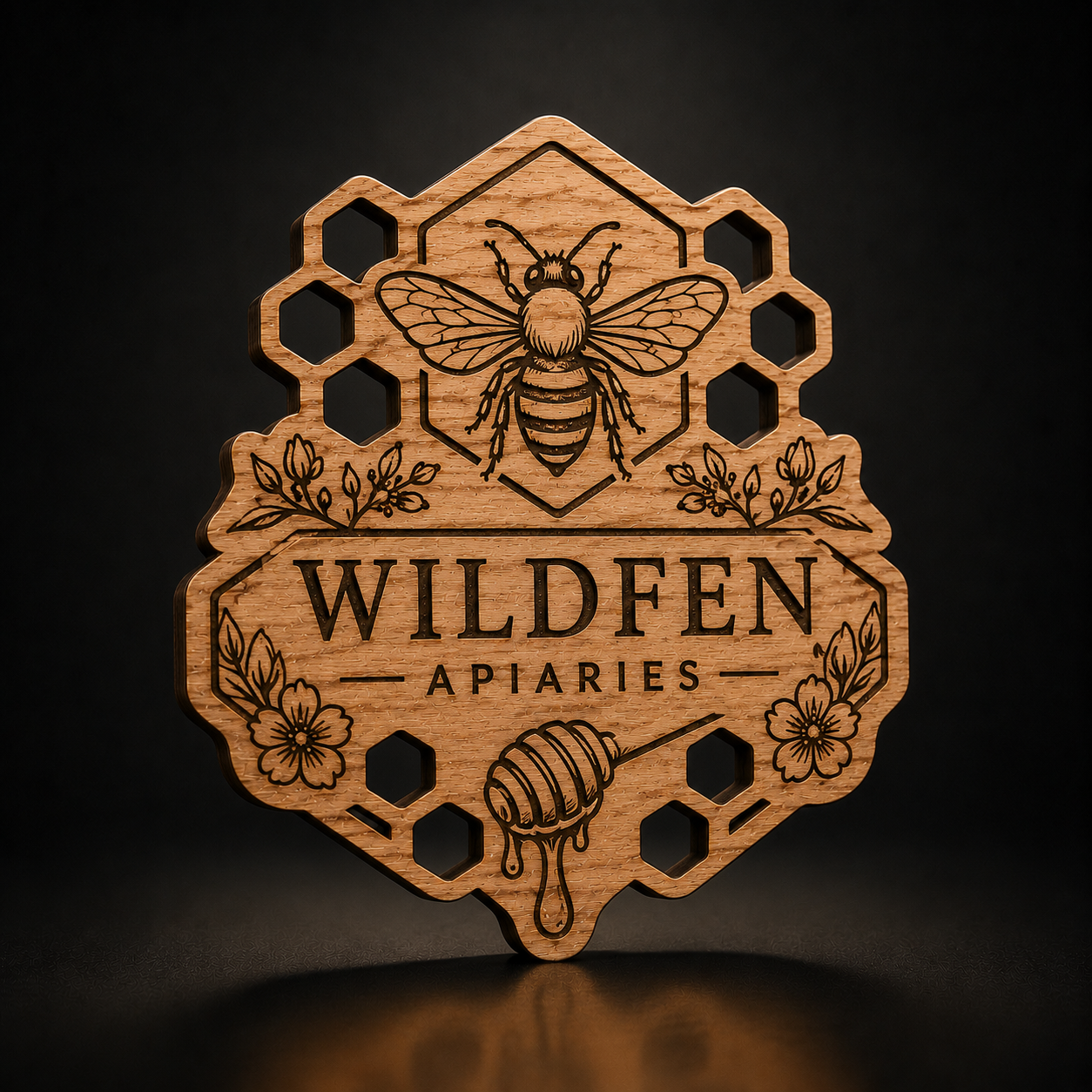 A wooden honeycomb-shaped plaque engraved with a bee, flowers, a honey dipper, and the text 'WILDFEN APIARIES', shown on a dark background.