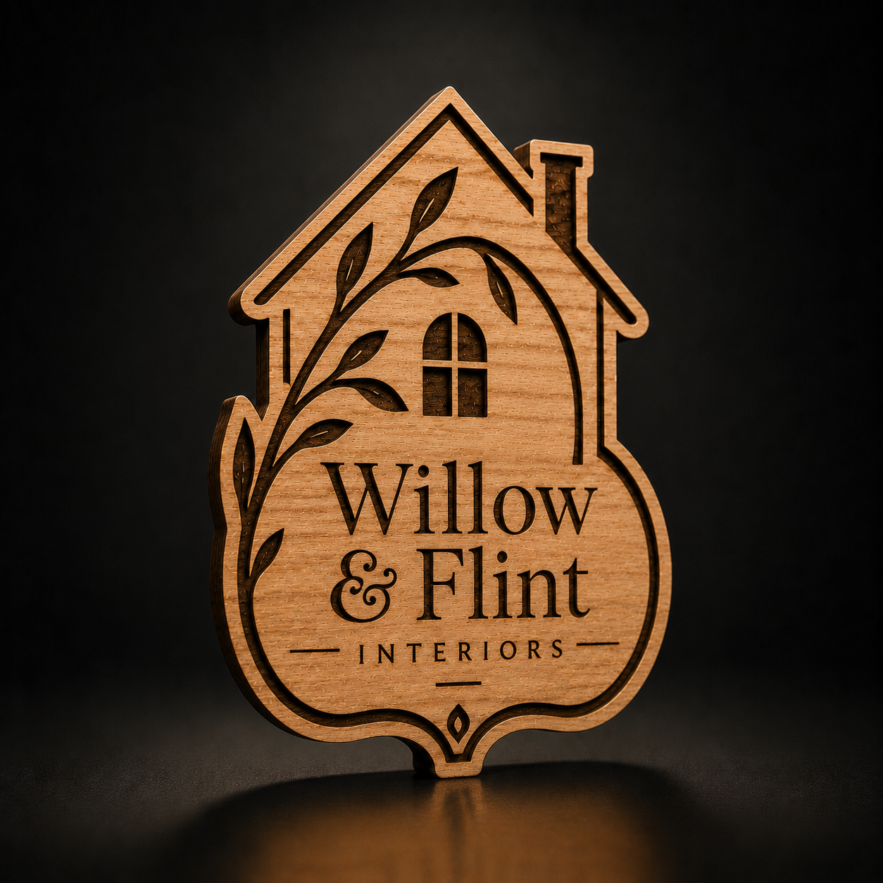 A custom laser-engraved wooden house-shaped plaque featuring the text 'Willow & Flint INTERIORS' with leafy branches and a window design, set against a dark background.