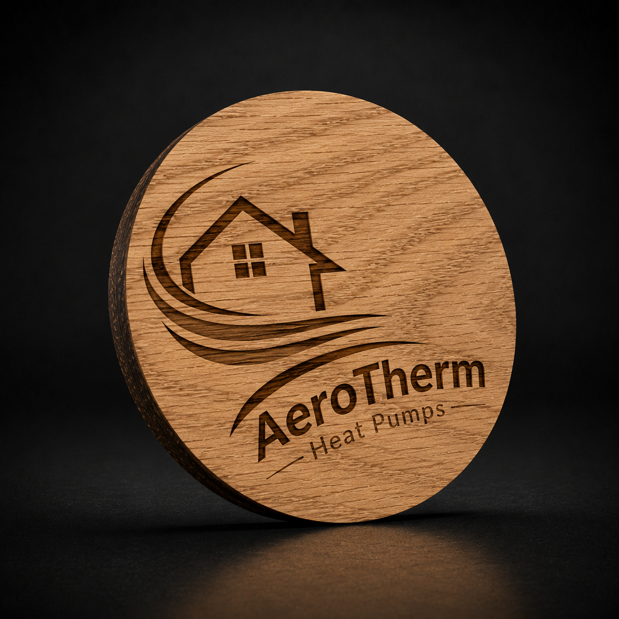 A round wooden plaque featuring the AeroTherm Heat Pumps logo engraved in dark brown, set against a dark studio background.