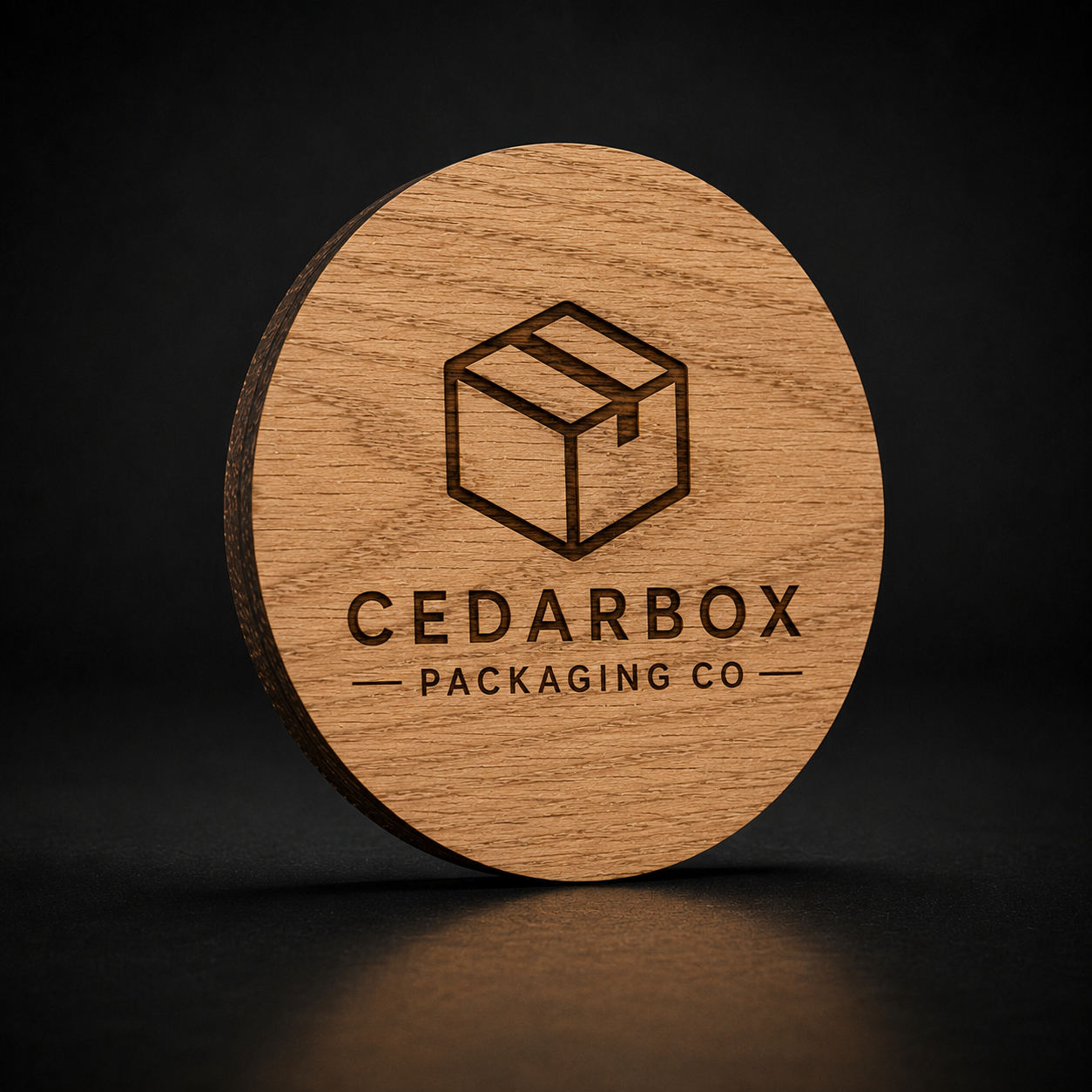 A round wooden coaster featuring a laser-engraved box icon and the text 'CEDARBOX PACKAGING CO' on a dark, reflective surface.