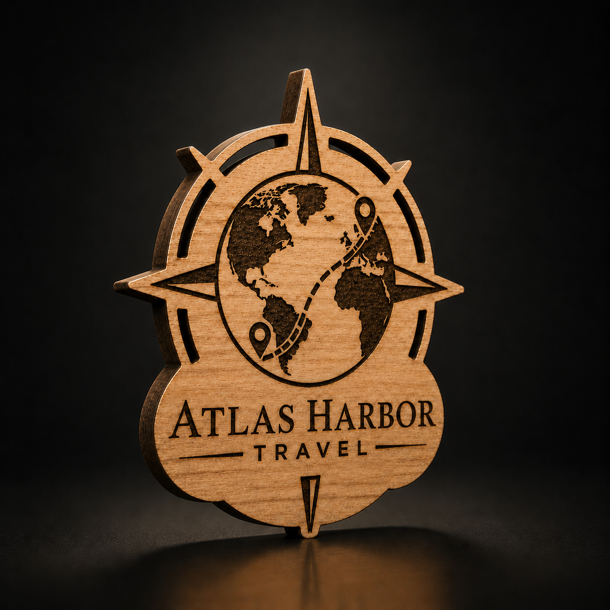A laser-cut wooden sign featuring a compass rose design with a globe illustration and the engraved text 'ATLAS HARBOR TRAVEL' on a dark studio background.