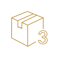 A minimalist gold line icon of a sealed box with a large number 3 next to it, set against a solid white background.
