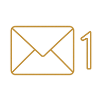 A minimalist gold line icon depicting an envelope with a single number '1' next to it, set against a solid white background.
