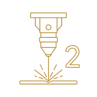 A gold line-art icon depicting a laser engraver or cutter in operation, with a large number 2 to the right, on a solid white background.