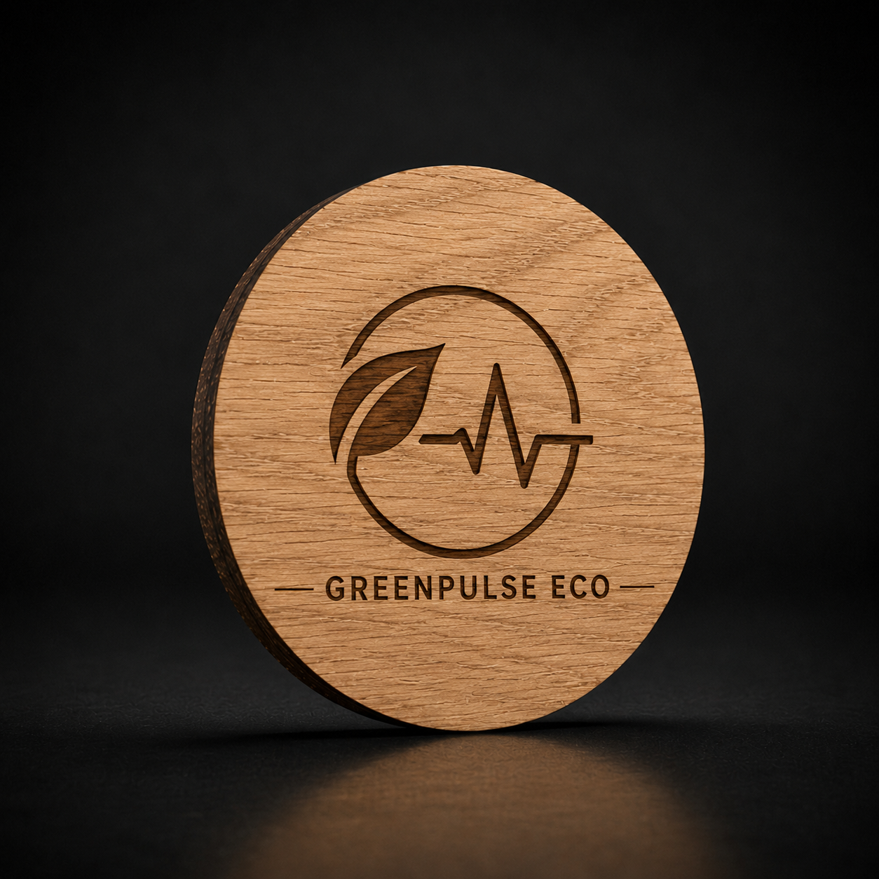 A round wooden token or coaster with a natural wood grain finish, featuring a dark engraved logo of a leaf and heartbeat line inside a circle, with the text 'GREENPULSE ECO' below. The item is photographed on a dark, reflective surface against a black background.