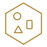 A minimalist gold line icon featuring a hexagon outline with geometric shapes (circle, triangle, and a vertical rectangle) on a solid white background.