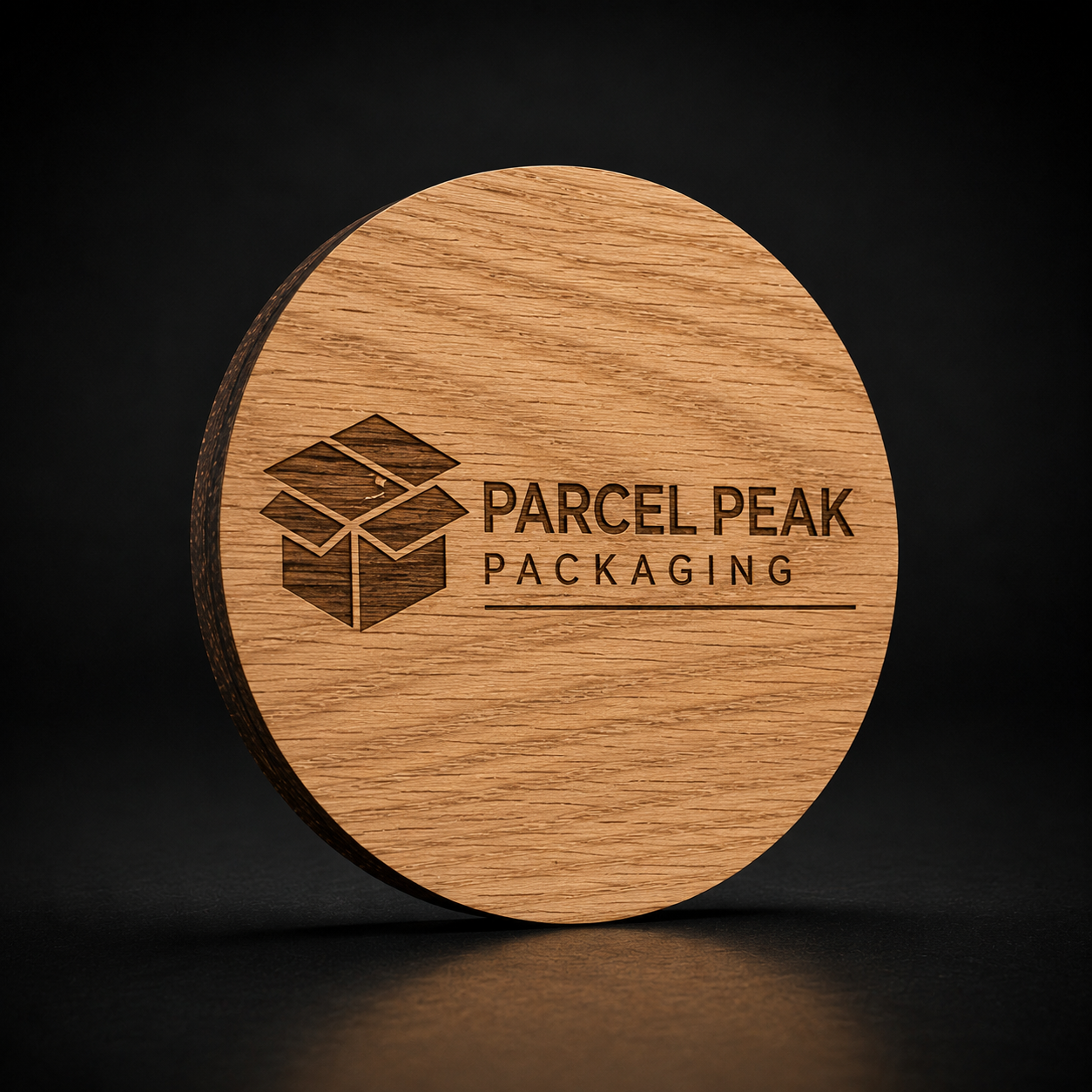 A round wooden coaster with a natural wood grain finish, featuring a dark brown engraved logo and the text 'PARCEL PEAK PACKAGING'. The coaster is shown standing upright on a dark, reflective surface against a black background.
