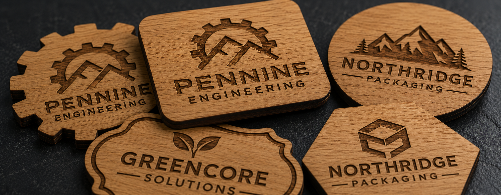 Five custom laser-engraved wooden name signs for businesses, including Pennine Engineering, Northridge Packaging, and Greencore Solutions, arranged on a dark textured background.