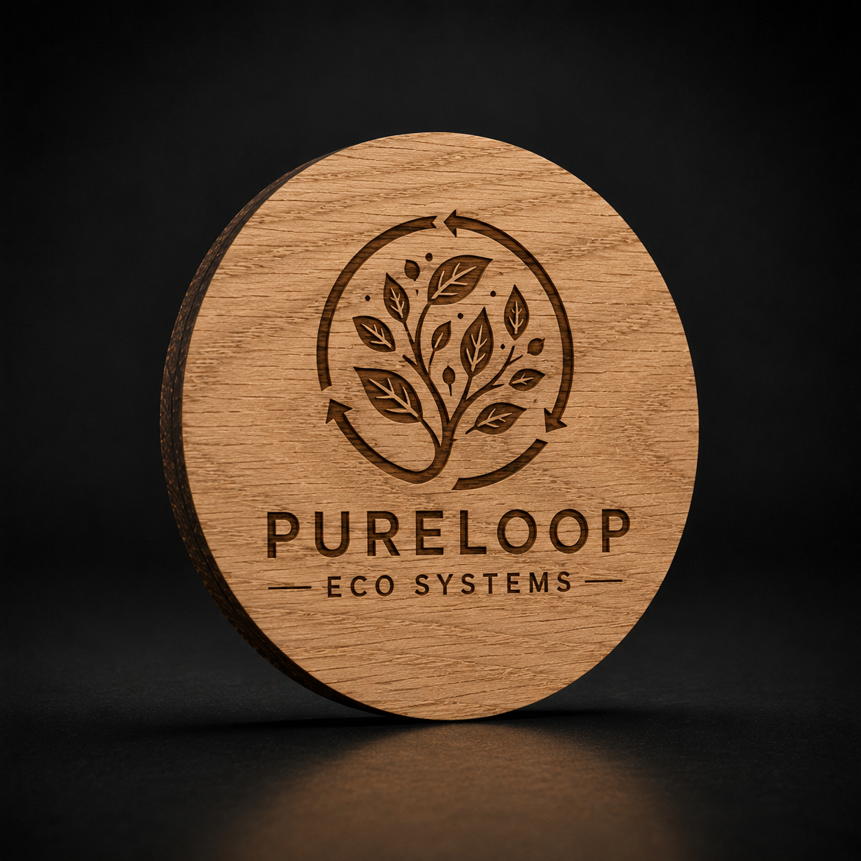 A round wooden coaster with a natural wood grain finish, featuring a laser-engraved logo of a leafy tree inside a circular arrow and the text 'PURELOOP ECO SYSTEMS'.