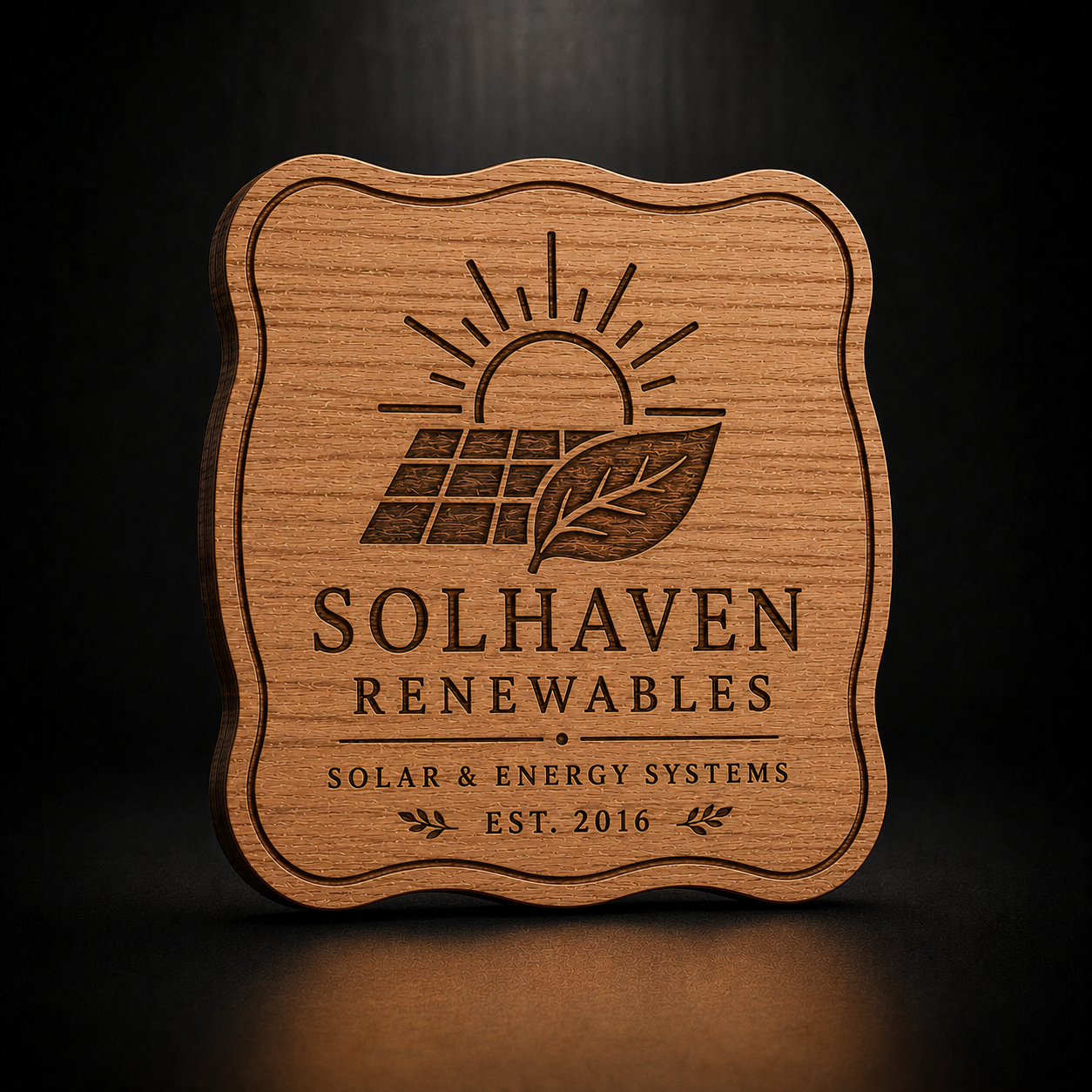 A custom engraved wooden plaque featuring a wavy border and a solar panel with a leaf design. The text reads 'SOLHAVEN RENEWABLES', 'SOLAR & ENERGY SYSTEMS', and 'EST.