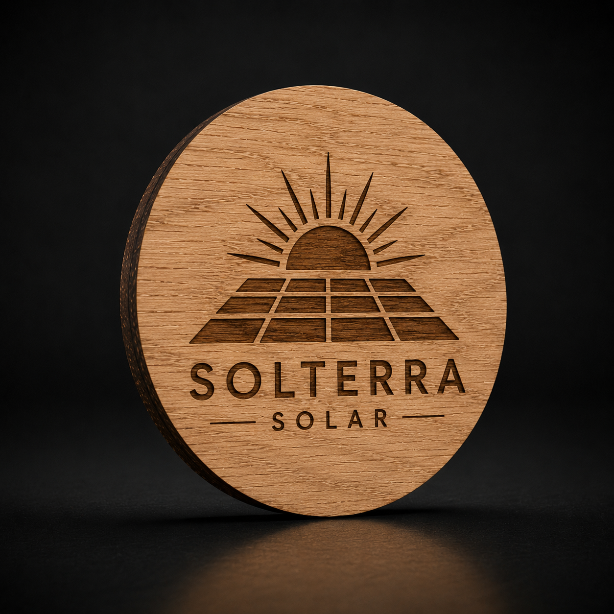A round wooden coaster featuring an engraved logo of a sun and solar panels with the text 'SOLTERRA SOLAR', set against a dark background.