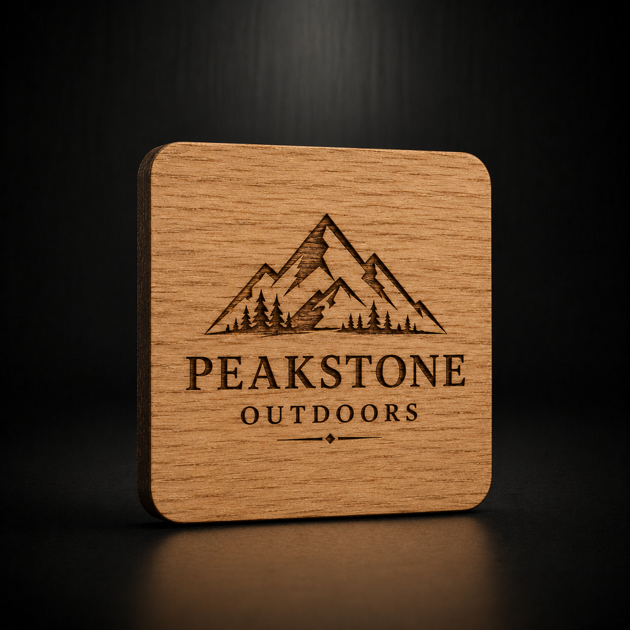 A square wooden coaster with rounded corners, featuring a laser-engraved mountain and pine tree logo above the words 'PEAKSTONE OUTDOORS', shown on a dark reflective surface.