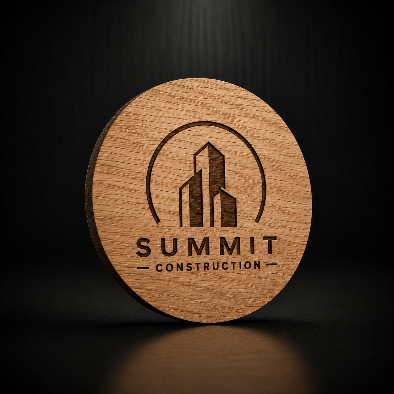 A round wooden coaster with a laser-engraved logo for 'SUMMIT CONSTRUCTION' featuring a building icon, set against a dark background with a soft reflection below.