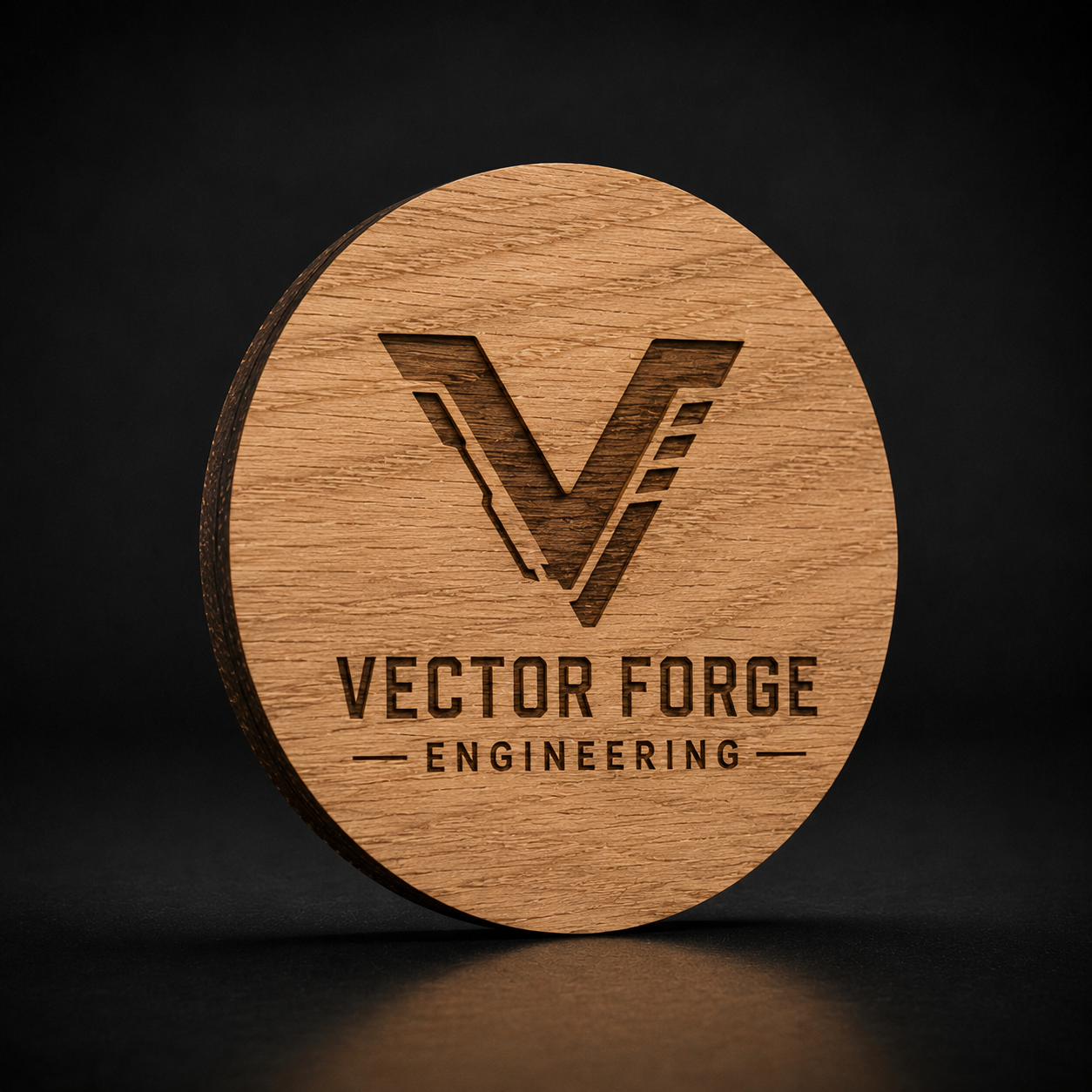 A round wooden coaster with a laser-engraved 'VECTOR FORGE ENGINEERING' logo, displayed on a dark reflective surface.